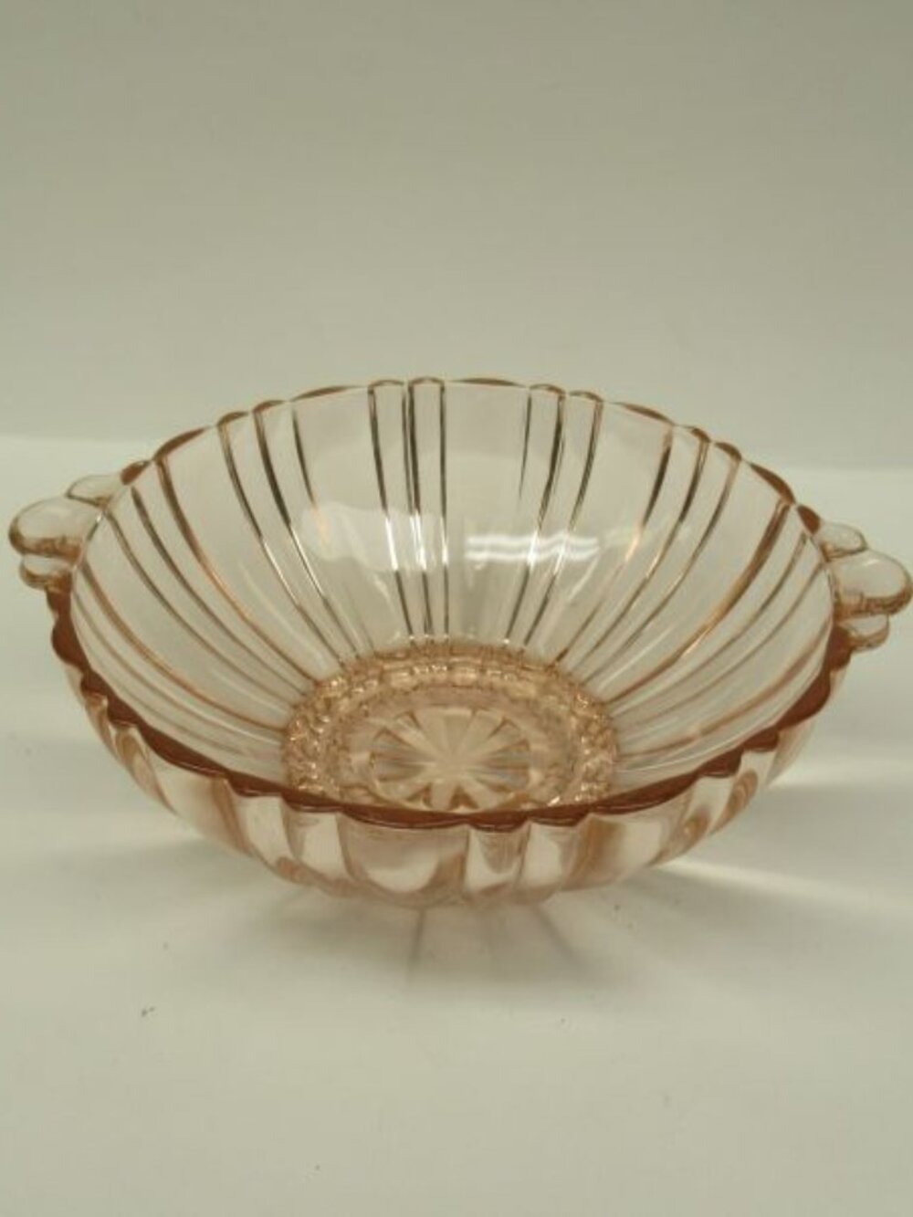Hocking Depresson Glass Pink OLD CAFE 6 1/4 Inch Footed Tab Handled Bowl
